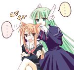  2girls animal_ears brown_eyes brown_hair cat_ears extra_ears glasses green_eyes green_hair harmonia hasegawa_chisame karakuri_chachamaru long_hair long_sleeves mahou_sensei_negima! md5_mismatch multiple_girls open_mouth robot_ears school_uniform spoken_ellipsis sweatdrop 