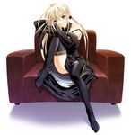  aizawa_kotarou black black_gloves blonde_hair chair elbow_gloves full_body gloves gothic half_pixels_carving highres knee_up original ribbon sitting solo thighhighs twintails 