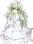  artist_request bandaid dress full_body galaxy_angel green_hair hands_clasped interlocked_fingers long_hair long_sleeves looking_at_viewer own_hands_together praying red_eyes simple_background sitting solo vanilla_h veil very_long_hair white_background white_dress 