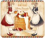  2girls akakura apron bangs beige_background black_neckwear blue_bow blue_dress blue_footwear blueberry bow commentary_request cream dress earrings english_text eyes_closed food food_themed_earrings fork frilled_apron frills fruit gloves hair_bow hair_bun highres holding holding_fork holding_knife jewelry knife leaf licking_lips light_brown_hair maid mary_janes multiple_girls neck_ribbon original oversized_food pancake pinafore_dress pitcher ponytail pouring red_bow red_dress red_footwear ribbon shoes short_sleeves siblings sisters smile spoon stack_of_pancakes standing strawberry strawberry_earrings striped striped_bow striped_neckwear syrup tongue tongue_out tray vertical-striped_dress vertical_stripes waist_apron wavy_hair white_apron white_gloves 