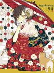  1girl 2018 akakura ball bangs black_hair capelet chin_rest chinese_zodiac commentary_request dog earrings floral_print flower gloves grey_eyes hair_bun hair_flower hair_ornament hairclip happy_new_year highres holding holding_umbrella japanese_clothes jewelry kanzashi kimono lace-trimmed_capelet looking_at_animal new_year obi oriental_umbrella original red_kimono sash smile solo squatting temari_ball umbrella white_capelet white_gloves year_of_the_dog 