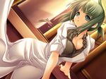  aqua_eyes barbaroi breasts cleavage dutch_angle game_cg green_hair hitomaru indoors labcoat large_breasts ponytail short_hair sidelocks solo thighhighs wakabayashi_shiori 