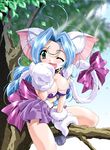  animal_ears antenna_hair between_thighs blue_hair breasts cat_ears cat_paws cat_tail cleavage collar duplicate fang green_eyes impossible_clothes impossible_shirt in_tree large_breasts light_rays lowres miruru navel one_eye_closed oono_tetsuya paw_pose paws ribbon shirt sitting sitting_in_tree skirt solo sparkle sunbeam sunlight tail tail_ribbon tenshi_ni_narumon tree 