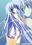  2006 adjusting_clothes adjusting_swimsuit ahoge ass blue_eyes blue_hair flat_chest from_behind head_tilt ibuki_pon long_hair looking_back lyrical_nanoha mahou_shoujo_lyrical_nanoha mahou_shoujo_lyrical_nanoha_a's mahou_shoujo_lyrical_nanoha_strikers one-piece_swimsuit reinforce_zwei smile solo swimsuit thigh_gap trefoil zoom_layer 