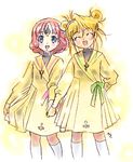  :d ^_^ aeru angulas blue_eyes blush closed_eyes double_bun dress holding_hands long_sleeves lowres multiple_girls nishida_asako open_mouth red_hair school_uniform short_hair simoun simple_background smile standing thighhighs white_legwear yellow_background yellow_dress zettai_ryouiki 