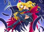  angel_wings black_wings blonde_hair boots bow breasts buckle dress elbow_gloves feathers fifth garters gloves hair_bow lingerie long_hair nonohara_miki open_mouth purple_eyes scythe small_breasts smile solo thigh_boots thighhighs underwear upskirt wings 