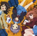  :d asahina_mikuru autumn autumn_leaves bag bag_removed bangs black_cardigan blue_legwear blue_skirt bobby_socks book bookmark brown_eyes brown_hair cardigan coat eyebrows_visible_through_hair from_above hair_ribbon highres ikeda_shouko kita_high_school_uniform kneehighs long_hair long_sleeves lying medium_hair miniskirt multiple_girls nagato_yuki neck_ribbon official_art on_back on_ground on_side open_cardigan open_clothes open_coat open_mouth own_hands_together parted_lips purple_hair red_coat red_footwear red_hair red_neckwear red_ribbon ribbon scan school_bag school_uniform serafuku shoes short_hair skirt smile socks spread_fingers suzumiya_haruhi suzumiya_haruhi_no_yuuutsu unbuttoned upside-down white_footwear yellow_background yellow_coat yellow_eyes 