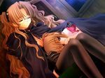  age_difference bangs black_gloves black_legwear breasts brown_hair carnelian character_request child choker cleavage dutch_angle game_cg glasses gloves hair_ribbon half-closed_eyes indoors lace lap_pillow large_breasts long_hair lying multiple_girls night on_stomach parted_bangs red_eyes ribbon rimless_eyewear ritsuko_(yamibou) robe short_hair short_sleeves short_twintails sitting thighhighs twintails two_side_up very_long_hair window yami_to_boushi_to_hon_no_tabibito 