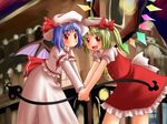  bat_wings blonde_hair blue_hair dress fang flandre_scarlet hat kannazuki_hato multiple_girls night remilia_scarlet siblings sisters touhou wings 