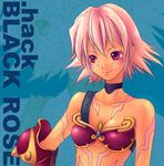  .hack//games 1girl artist_request black_rose_(.hack//) blue_background character_name choker collarbone copyright_name looking_to_the_side lowres pink_hair purple_eyes short_hair smile solo tattoo upper_body zoom_layer 