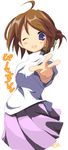  ;d ahoge arcueid_brunestud brown_hair cosplay folded_ponytail komaki_manaka long_skirt long_sleeves mizoguchi_keiji one_eye_closed open_mouth outstretched_arm pleated_skirt purple_skirt simple_background skirt smile solo sweater to_heart_2 tsukihime w white_background 