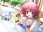  animal_ears banana blush bracelet collar day dessert dog_ears food fruit game_cg happy ice_cream jewelry moekibara_fumitake outdoors parfait percy_(platinum_wind) pink_hair platinum_wind purple_eyes short_hair solo spoon strawberry table third-party_edit third-party_watermark watermark 