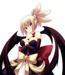  blonde_hair bow breasts demon_girl disgaea dress huge_bow large_breasts makai_senki_disgaea_2 pointy_ears rozalin shimakaze solo strapless strapless_dress yellow_bow 