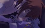  1girl artist_request blush brown_hair couple fingerless_gloves gloves hetero kiss kratos_aurion long_sleeves lowres refill_sage silver_hair tales_of_(series) tales_of_symphonia 
