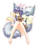  animal animal_ears barefoot bell blue_hair blush bow bunny covering covering_crotch crossed_arms feet fox fox_ears iori_(tail_tale) jingle_bell koma_(tail_tale) long_hair louis&amp;visee min_(tail_tale) multiple_tails nude object_on_head raccoon sitting solo soro_(tail_tale) tail tail_tale yellow_eyes 