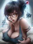  1girl black_hair breast_grab breasts glasses grabbing huge_breasts mei_(overwatch) mumeaw nipples_visible_through_clothing overwatch paid_reward patreon_reward short_hair signature tongue tongue_out 