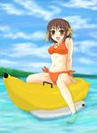  banana_boat bikini brown_hair day on_banana short_hair solo suzumiya_haruhi suzumiya_haruhi_no_yuuutsu swimsuit yuki_mashiro 