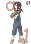  apple brown_eyes brown_hair food fruit holding holding_food holding_fruit itsutsu long_sleeves original overalls solo 