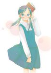  apron blue_eyes blue_hair blush book collared_shirt glasses holding holding_book long_sleeves madam_s original shirt short_hair short_twintails smile solo standing twintails white_shirt 