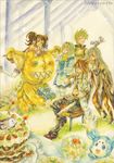 2boys 3girls anise_tatlin artist_request blue_eyes brown_hair cake eating everyone food gift guy_cecil long_sleeves luke_fon_fabre mieu multiple_boys multiple_girls pastry stitches tales_of_(series) tales_of_the_abyss tea tea_set teapot tear_grants teeth tokunaga twintails 