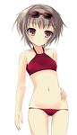  bikini blush cowboy_shot eyewear_on_head hand_on_hip inuzumi_masaki looking_at_viewer lowleg lowleg_bikini nagato_yuki red_bikini short_hair simple_background solo sunglasses suzumiya_haruhi_no_yuuutsu swimsuit white_background 