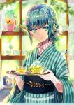  ahoge aqua_eyes aqua_hair backlighting bangs blurry blurry_background blurry_foreground braid branch butterfly_earrings closed_mouth commentary_request cup curtains day depth_of_field earrings eyebrows_visible_through_hair eyelashes flower frills gloves green_ribbon hair_flower hair_ornament hair_ribbon highres holding holding_tray indoors japanese_clothes jar jewelry kicori kimono lace lace_gloves leaf long_sleeves looking_at_viewer obi original pitcher ribbon sash saucer see-through shiny shiny_hair short_hair sidelocks smile solo striped striped_kimono teacup teapot tray upper_body white_gloves white_ribbon wide_sleeves window 