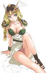  arm_support armor armored_dress arms_behind_back belt blonde_hair blue_eyes braid breasts cleavage dress dress_lift fantasy green_armor grin groin hair_ribbon hayase_yuuichirou head_wings helm helmet large_breasts legs long_dress long_hair looking_at_viewer no_panties partially_colored pauldrons ribbon sandals seductive_smile simple_background single_braid sitting sketch skirt smile solo valkyrie valkyrie_(vnd) valkyrie_no_densetsu vambraces white_background white_skirt 