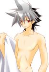  artist_request bakuten_shoot_beyblade beyblade black_hair chest frown hair_between_eyes hiwatari_kai holding looking_at_viewer lowres male_focus navel nude red_eyes shirtless silver_hair simple_background solo spiked_hair upper_body white_background 