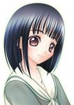  black_hair brown_eyes looking_at_viewer maria-sama_ga_miteru nijou_noriko school_uniform serafuku shiwo short_hair simple_background smile solo upper_body white_background 