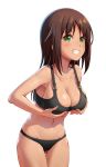  1girl alice_gear_aegis black_bra black_panties blush bra breasts brown_hair cleavage commentary_request cowboy_shot dark_skin gluteal_fold green_eyes grin kaneshiya_sitara large_breasts long_hair looking_at_viewer navel panties pinakes self_fondle sidelocks simple_background smile solo thigh_gap underwear underwear_only white_background 