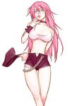  blue_eyes breasts chain choker cleavage denim denim_shorts final_fight hat large_breasts long_hair midriff navel nishino_juutarou peaked_cap pink_hair poison_(final_fight) short_shorts shorts solo strap_slip wristband 