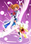  artist_request bow brown_hair long_sleeves lyrical_nanoha magic_circle magical_girl mahou_shoujo_lyrical_nanoha purple_eyes raising_heart red_bow shoes solo takamachi_nanoha twintails white_devil winged_shoes wings 