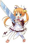  artist_request bell chibi dress ensis_exorcizans full_body hair_bell hair_ornament kagurazaka_asuna long_hair long_sleeves lowres mahou_sensei_negima! maid orange_hair pantyhose solo sword transparent_background twintails weapon 