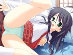  1girl ahoge bed black_hair bra-ban! braid breast_grab game_cg glasses grabbing green_eyes green_panties hetero imamiya_noriko kobuichi long_sleeves panties polka_dot polka_dot_panties school_uniform solo_focus spread_legs sweat twin_braids underwear 