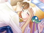  1girl animal_ears bed bell blonde_hair blush brown_eyes brown_hair closed_eyes fox_ears game_cg ginta_(tail_tale) glasses hair_bobbles hair_ornament imminent_kiss jingle_bell long_hair louis&amp;visee lying on_back soro_(tail_tale) tail_tale 