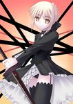  artoria_pendragon_(all) bad_anatomy blonde_hair fate/hollow_ataraxia fate/stay_night fate_(series) garter_belt gothic_lolita kouzuki_hajime lolita_fashion long_sleeves saber_alter solo thighhighs 