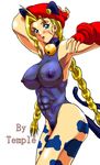  animal_ears bell beret blonde_hair blue_eyes blue_leotard braid breasts cammy_white cat_ears hat jingle_bell large_breasts leotard long_hair muscle nipples see-through solo street_fighter tail temple_(artist) twin_braids 