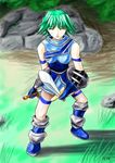  .hack//games 1girl arm_garter artist_request boots closed_eyes dual_wielding garters gloves grass green_hair holding natsume_(.hack//) outdoors shield short_hair solo sword weapon 