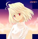  arcueid_brunestud blonde_hair long_sleeves red_eyes shirotsumekusa short_hair smile solo sweater tsukihime 