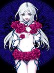  black_background flower gothic kunishige_keiichi lipstick long_hair looking_at_viewer magic_circle makeup navel nocturne_(kunishige_keiichi) original pale_skin plant smile solo vines white_hair yellow_eyes 