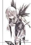  bare_shoulders closed_mouth doll_joints expressionless holding holding_sword holding_weapon kurokoeda monochrome mouth_hold red_eyes rozen_maiden short_hair simple_background solo spot_color standing suigintou sword weapon white_background wings 