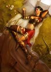  3d armor arrow artist_request barefoot barefoot_sandals black_hair blanket bow_(weapon) breasts farah_(prince_of_persia) grass highres lying medium_breasts midriff official_art on_back pillow prince_of_persia prince_of_persia:_the_two_thrones solo toeless_legwear weapon 