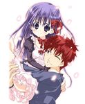  1girl blue_shirt bow carrying emiya_shirou fate/stay_night fate_(series) hair_bow juliet_sleeves long_sleeves matou_sakura petals puffy_sleeves purple_bow purple_eyes purple_hair red_hair shirt short_hair skirt smile takasaki_yuuki white_background 