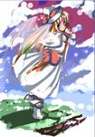  blonde_hair bow brown_eyes capelet cliff detached_sleeves dress grass hat hat_bow lily_white long_hair long_sleeves looking_at_viewer looking_back outdoors plant red_bow see-through sho_(runatic_moon) sleeveless sleeveless_dress smile solo standing touhou veil very_long_hair white_dress wind 