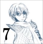  .hack//g.u. .hack//roots 1boy glasses lowres male_focus monochrome ovan_(.hack//) scarf sketch solo yuura_shiu 