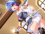  blue_hair detached_sleeves dutch_angle food game_cg hair_ribbon happy koichu! maid maid_headdress mizuki_kanon ninoko open_mouth panties pantyshot red_hair ribbon short_hair solo thighhighs tray underwear waitress 