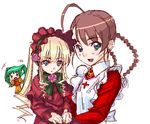  :d ahoge apron arika_yumemiya artist_request black_eyes blonde_hair blue_eyes bow bowtie braid brown_hair cross_print doll dress drill_hair flower green_hair long_hair long_sleeves looking_at_viewer multiple_girls my-otome oekaki open_mouth red_dress rose rozen_maiden shinku sidelocks simple_background sketch smile solty_rei solty_revant twin_braids twintails upper_body very_long_hair white_background 