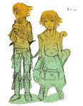  2boys boots closed_eyes full_body gaspard_(.hack//) gradient green haseo_(.hack//) looking_at_viewer monochrome multiple_boys orange_(color) silabus_(.hack//) sketch standing white_background yuura_shiu 