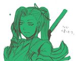  1boy green long_hair lowres male_focus monochrome ponytail sakaki_(.hack//) solo upper_body weapon white_background yuura_shiu 