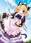  alternate_costume animal_ears apron blonde_hair cat_ears chimaro dress eating food frills long_sleeves one_eye_closed sandwich sasamori_karin solo tail to_heart_2 twintails 